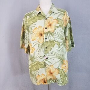Bermuda Bay Shirt Mens Large Green Silk Tropical Hibiscus Floral‎ Camp Aloha